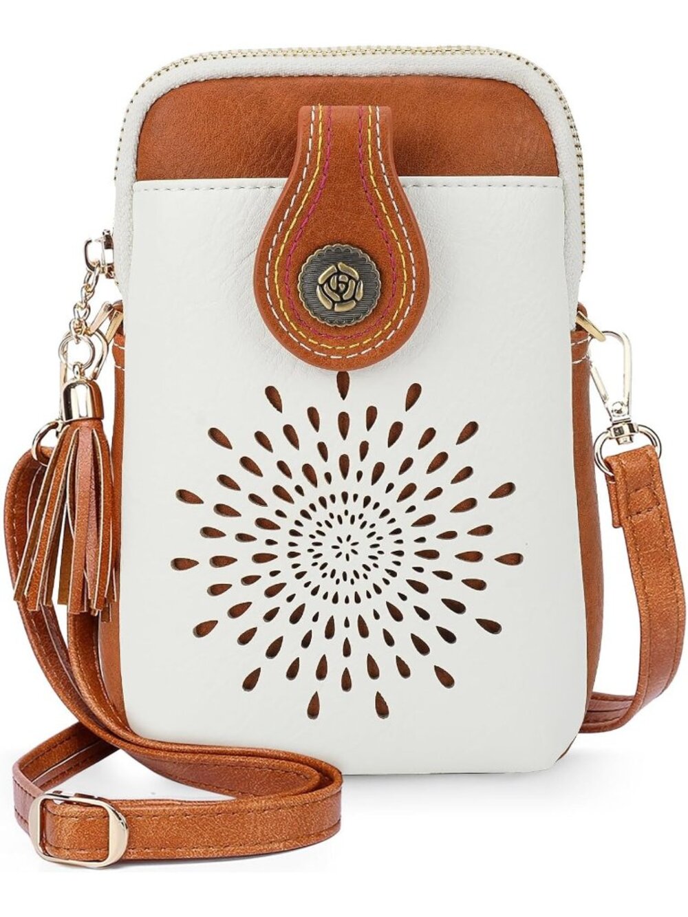 Women's White Brown Small Crossbody Bag Leather Purse With Adjustable Strap